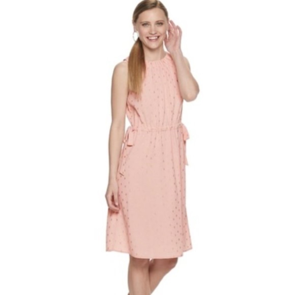 JUICY COUTURE Dress Midi Pink Gold Peachskin Foiled Cinched Halter Medium